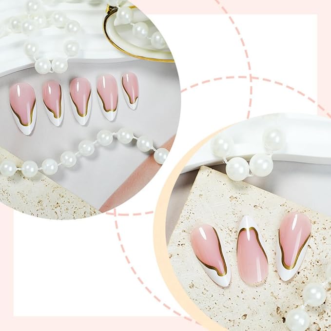 White French Tip Press on Nails Medium Almond Fake Nails with Gold Line Design Stick on Nails Glossy False Nails Artificial Full Cover Acrylic Glue On Nail for Women Nail Art Decoration 24Pcs