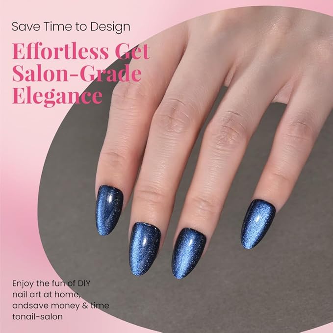 evpct Dark Blue Press on Nails Almond Short, Royal Blue Cat Eye Glitter Press on Nails for Women Gift, Soft Gel Press Glue On Nail with Nail Glue, Full Cover, 30Pcs Reusable Acrylic Fake Nails Kit
