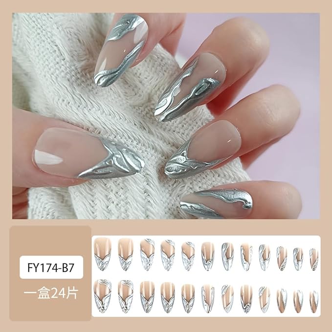 Long AlmondPress on Nails with Silver Foil Art Nude Base Fake Nails Stick on Nail for Women 24pcs