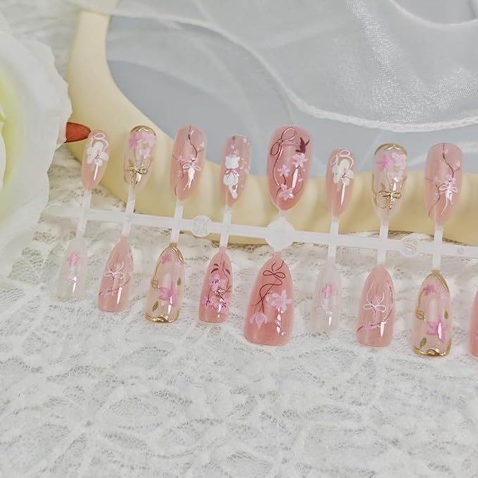 30Pcs Pink Press on Nails Medium Almond Fake Nails Gilding Cherry Blossoms Bow Designs Full Cover Spring Summer Nails Cute Cat Stick on Nails Handmade False Nails for Women Girls Acrylic Nails Decor