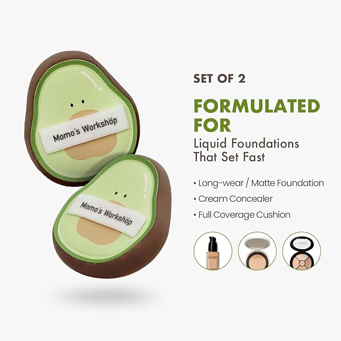 Momo’s Workshop Avocado Makeup Sponge-Hydropolyurethane Foundation Sponge for Buildable Coverage, Dry&Wet Use with PU Leather Handle, Beauty Tool,2pcs Makeup Puffs With Storage Case
