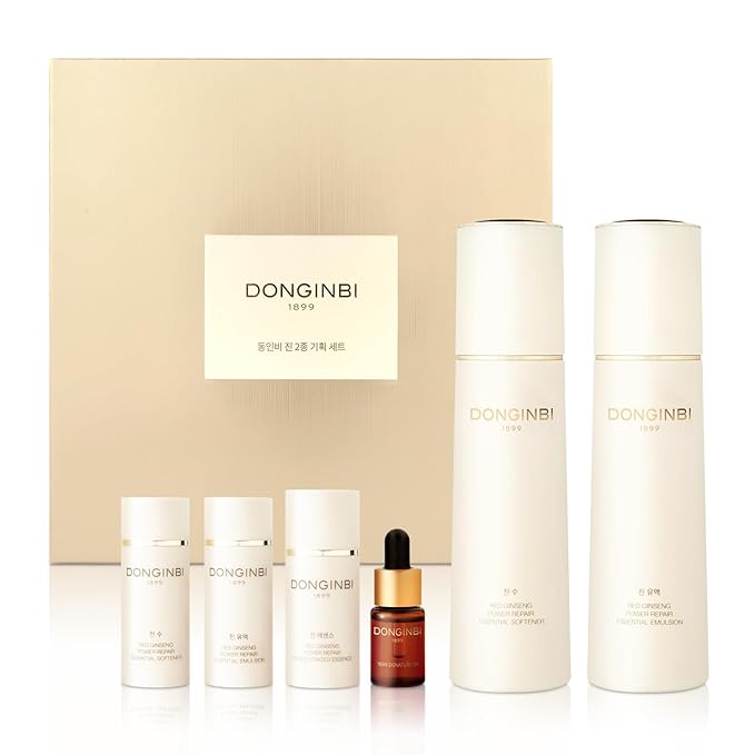 Donginbi Red Ginseng Power Repair Essential Skin Care Set - Hydrating Toner (4.4 floz), Korean Red Ginseng Essence with Collagen (4.4 floz), Firming Face Oil, Korean Skin Care Gifts for Women