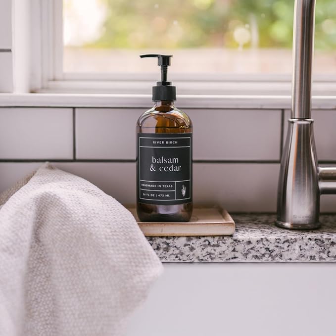 River Birch Balsam & Cedar Scented Natural Hand Soap -Handmade -Moisturizing Hand Wash with Amber Glass Dispenser - Luxury Scented Hydrating Hand Soap - Vegan and Non-Toxic -16 Fl Oz