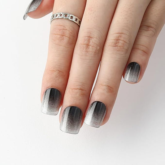 Silver-Black Ombre Press On Nails Short, Glossy Soft Gel Press On Nails Square with Onyx to Chrome Fade Design, Thick Natural Reusable Glue On Nails for Women，15 Sizes - 30Pcs