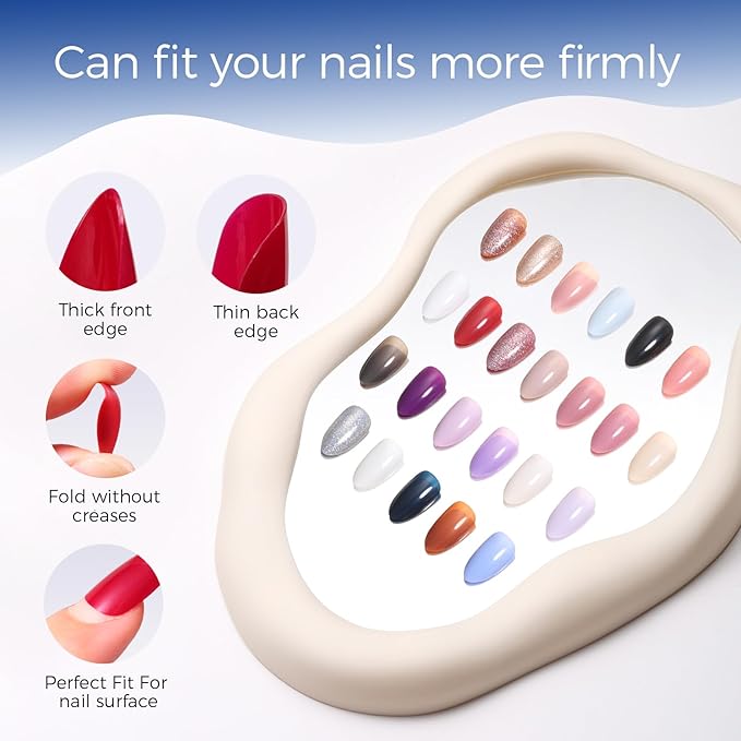 Press on Nails Kit 576 Pcs 24 Colors, Short Almond Glossy French Glitter Color Nail Tips With Nail Glue & Nail Tabs Stickers,Natural Fit Lightweight Nail Art for Women Girls