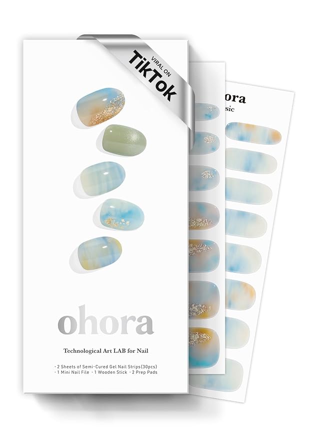 ohora Semi Cured Gel Nail Strips (N 18:00 Veil) - Works with Any Lamps, Salon-Quality, Long Lasting, Easy to Apply & Remove - Includes 2 Prep Pads, Nail File & Wooden Stick