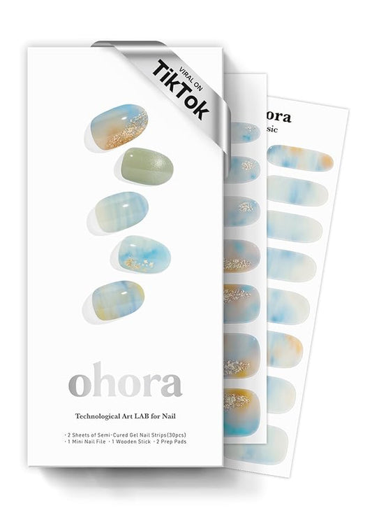 ohora Semi Cured Gel Nail Strips (N 18:00 Veil) - Works with Any Lamps, Salon-Quality, Long Lasting, Easy to Apply & Remove - Includes 2 Prep Pads, Nail File & Wooden Stick