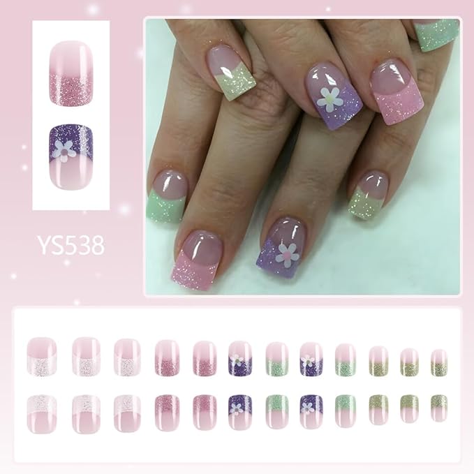French Tip Flower Press on Nails Short Square Spring Fake Nails Small Flowers Glue on Nails Full Cover Stick on Nails with Glitter Design Acrylic False Nails Spring Summer Artificial Nails for Women