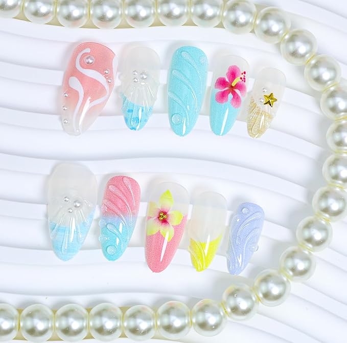 Leopard Print French Tip Press on Nails Medium Almond Flower Fake Nails Rhinestones Droplet Shaped Design Blue Pink Gradient Acrylic Nails Cute Glue on Nails Summer Salon Artificial False Nails 24Pcs