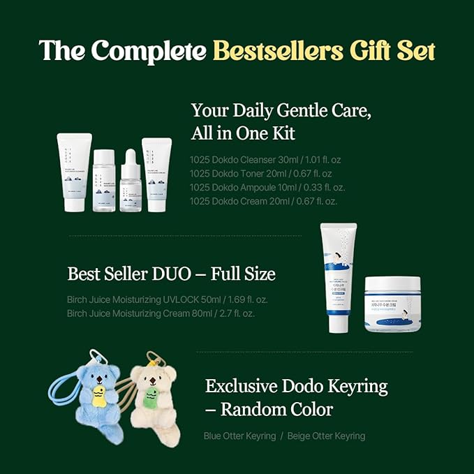 ROUND LAB best selling kit, 1025 Dokdo Hydrating Mini Size Kit + Birch Juice Moisturizing UV LOCK SPF 45 + Birch Juice Moisturizing Cream 2.7 Fl Oz, Korean Skin Care