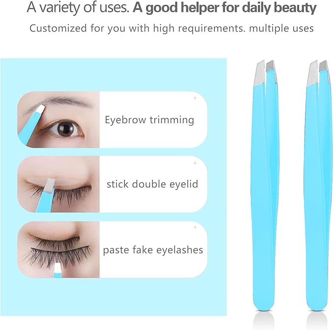 Tweezers Set, High Precision Stainless Steel Eyebrow Tweezers for Facial Hair, Inward Growing Hair and Splinter Remover Kit, Suitable for Women and Men, Pink and Black 4-Piece Set. (Blue)