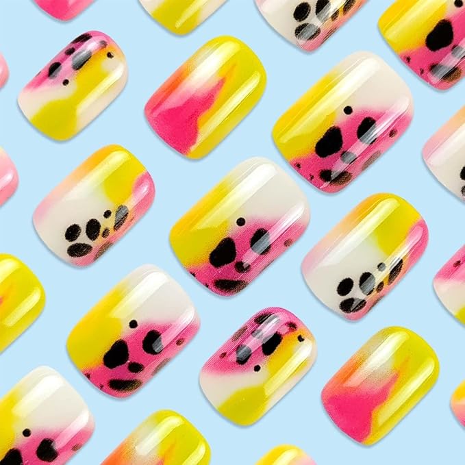 Short Press On Nails Square Fake Nails Leopard Print With Gradient Design Summer False Nails Full Cover Acrylic Nails Artificial Nails Glossy Glue On Nails Stick On Nails For Women 24pcs