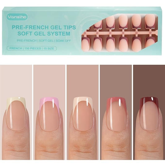 Vansiho 150 Pcs French Gel Nail Tips, Short Square Press on Nails, Pre-French Acrylic Fake Nails for Nail Art DIY - 15 Sizes