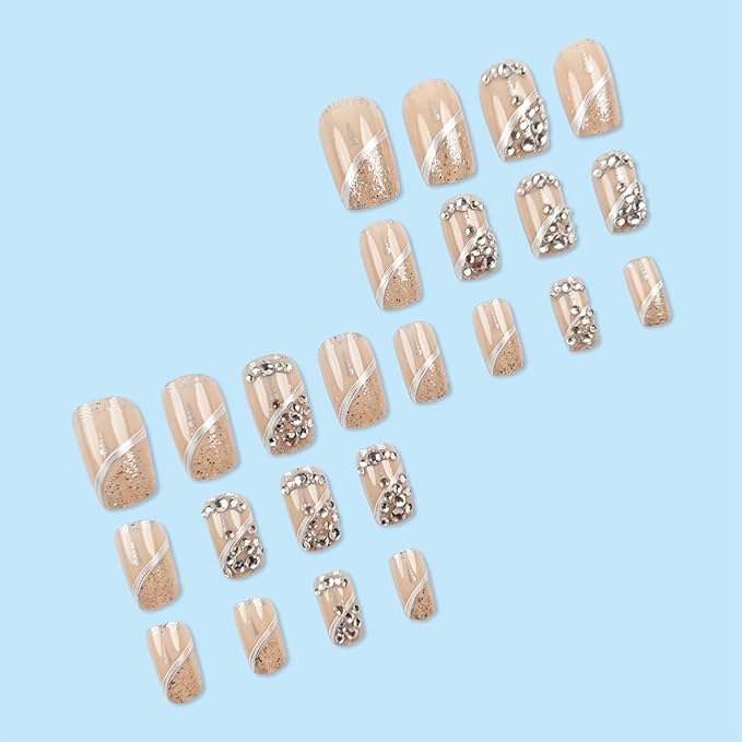 24Pcs White Curve Line Press on Nails Medium Square Acrylic Full Cover False Nails Rhinestones Stick on Nails Glossy Silver Glitter Fake Nails Crystal Gel Glue on Nails for Coquette Women Girls