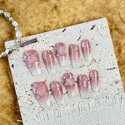 Large-Rose Quartz Elegance Fake Nails Press-On Manicure Kit for Women | French Tip 10 Nails | Nail Glue, Dual Nail File, Cuticle Stick, Buffer Block | Measure Before Ordering