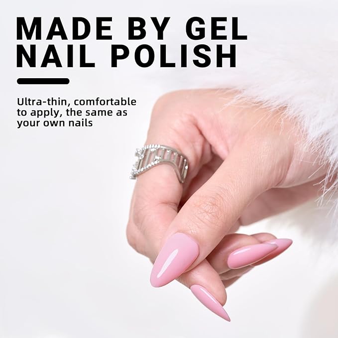 Wooyas Press on Nails Almond, Soft Pink Medium Handmade Gel Fake Nails Reusable ，Lightweight Natural Glossy Fake Nail in 12 Sizes - 24 Pcs Soft Gel Glue On Nails Kit for Women Gift