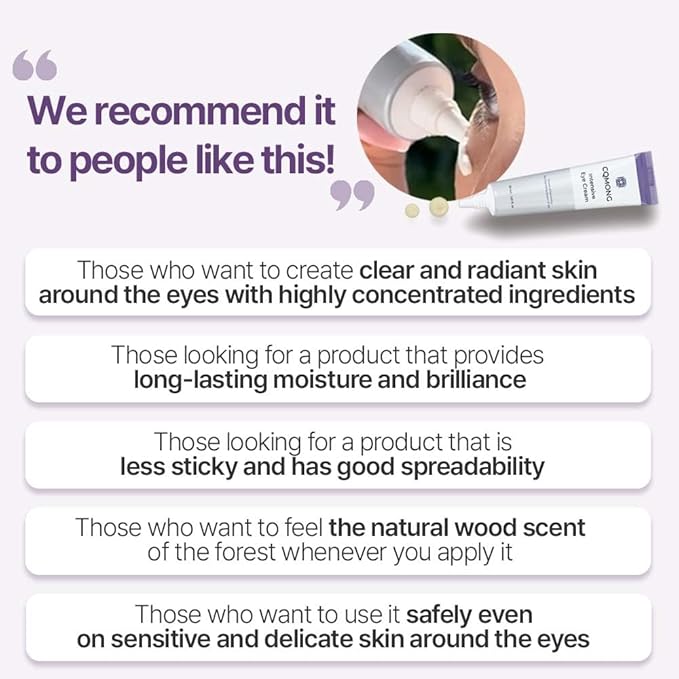 Intensive Eye Cream 1.01 fl oz for dark circles, puffiness, wrinkles, fine lines, bags under eyes, dark spots l Natural wood scent l Glutathione, Collagen, 7 Amino Acids, Adenosine l Korean