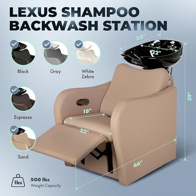 Buy-Rite Lexus Backwash Unit with Tilting Black Porcelain Shampoo Bowl, Extra Wide Foam Padded Seat, Kick-Out Leg Rest & European Style Single Handle Faucet - Sand Salon Shampoo Chair, TS-8018B