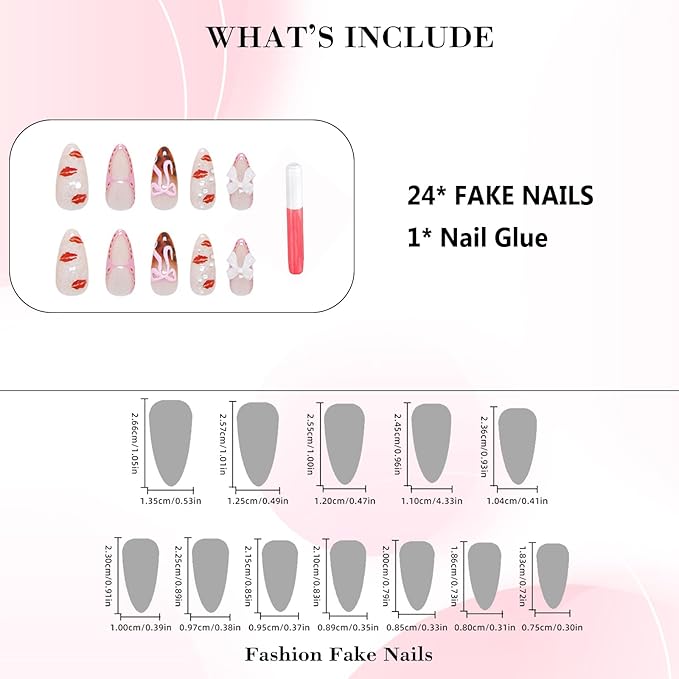 IMRAIN Medium Press on Nails Almond Fake Nails Leopard Print French Tips False Nails with Pink Bow & Red Lipstick Designs Glossy Glue on Nails Full Cover Stick on Acrylic Nails for Women Girls