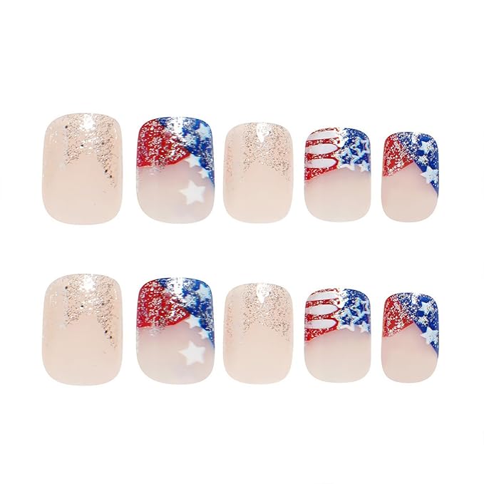 24Pcs French Tip Press on Nails Short Square Fake Nails Independence Day False Nails Red Blue French Tip Artificial Nails Glitter Full Cover Glue on Nails Silver Glitter Stick on Nails for Women DIY