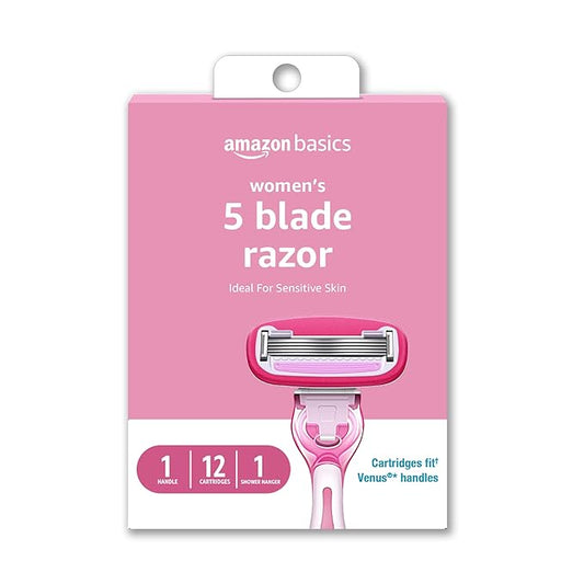 Amazon Basics Women's 5 Blade FITS Razor for Women, FITS Amazon Basics Handle and Venus Handles, Includes 1 FITS Handle, 12 Cartridges & 1 Shower Hanger