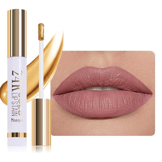 All Day Lip Stain Peel Off Gold Liquid Lip Gloss Tattoo, Mauve Matte Finish Peel Off Lip Stain Masque, Long Lasting Waterproof Lip Tint, Transfer-proof for All Skin Types 04#