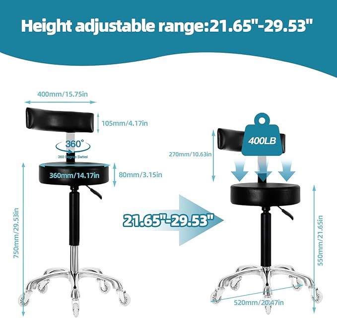 Swivel Rolling Stool Round Chair,Thick Sturdy Padding,Adjustable Stool with Wheels for Doctor,Medical,Massage Salon,Office,Shop(Black,with Back)