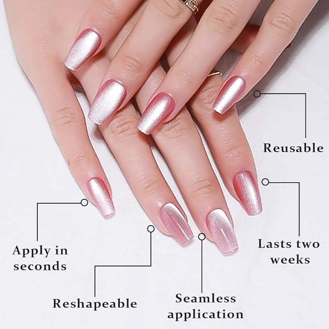 evpct Pink Cat Eye Press on Nails Square Medium Coffin, Medium Square Glue on Nails for Women Gift, Plum Pink Metallic Glitter Glossy Reusable Spring Summer Gel Press on Acrylic Fake Nail with Designs