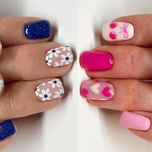 2 Packs 48Pcs Square Press on Nails Short Flowers Acrylic Fake Nails Blue Pink False Nails Squoval Artificial Nails with Design Floral Bow Heart Glue on Nails Press ons for Women Spring Manicure Set