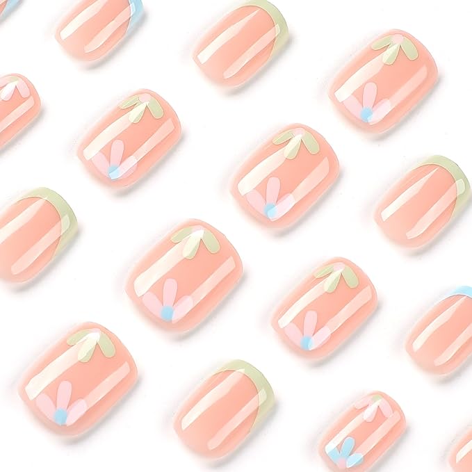 French Pink Press on Nails Short Square, Summer Fake Nails with Cute Blossom Pink Designs, Glossy Gel Finish Acrylic Nails, Thick Natural Reusable Glue on Nails Kit for Women, 24Pcs, Floral Blush
