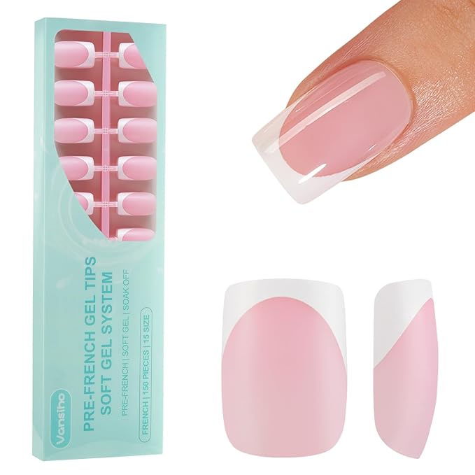150Pcs French Gel Nails, Vansiho French Tip Press on Nails Pink, Short Square Nail Tips, Soft Gel Nails False Nail, Acrylic Fake Nails for Nail Art DIY 15 Sizes