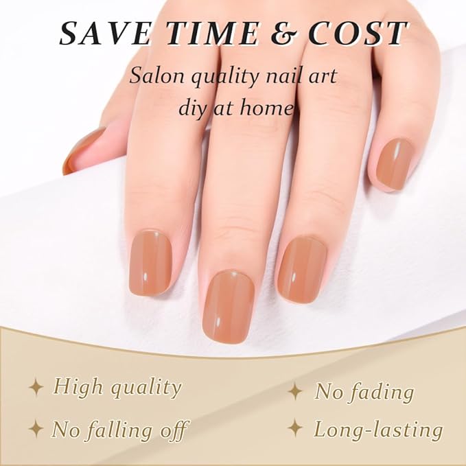 evpct Nude Brown Press on Nails Short Midium Oval for Women Gift, Glossy Brown Fake Nail with Soft Gel Salon Quality Reusable Stick on Nails Full Cover Artificial Nail Glue Soft Gel Set Kit 24Pcs, 02