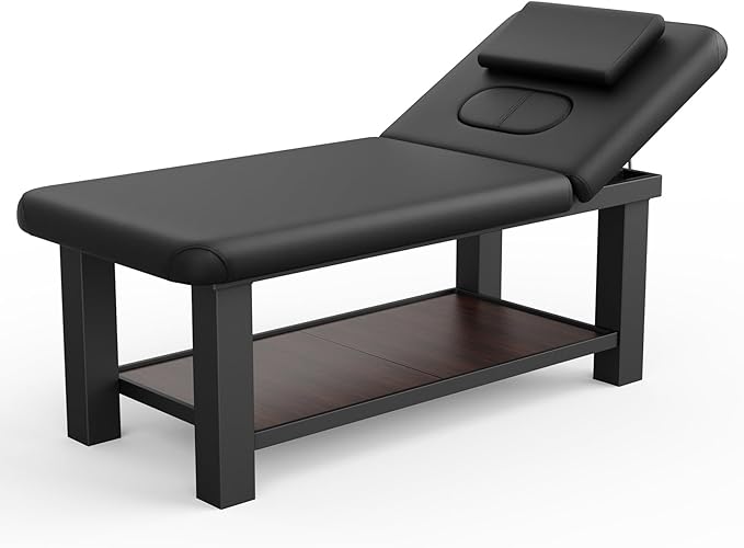 Adjustable Backrest Heavy-Duty Wide Massage Table, Treatment Physical Therapy Table, Wide Luxury Professional Stationary Spa Facial Bed, PU Leather Salon Bed, Black, 31.5'' W × 75'' L