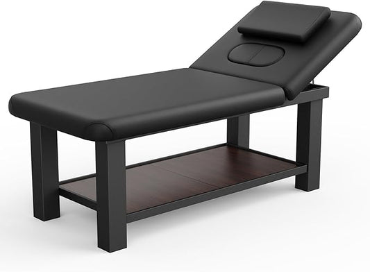 Adjustable Backrest Heavy-Duty Wide Massage Table, Treatment Physical Therapy Table, Wide Luxury Professional Stationary Spa Facial Bed, PU Leather Salon Bed, Black, 31.5'' W × 75'' L