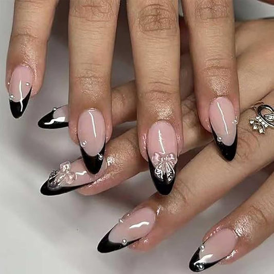 Press on Nails Medium Pearl Black Fake Nails Almond Glossy 3D False Nail Tips French Artificial Nails Finger Manicure for Women and Girls,24pcs