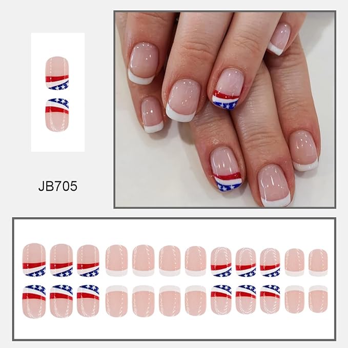 24Pcs Independence Day French Tip Press on Nails Short Square Fake Nails with USA Flag Nail Tips Design 4th of July Acrylic Glue on Nails Patriotic False Nails Full Cover Stick on Nails for Women