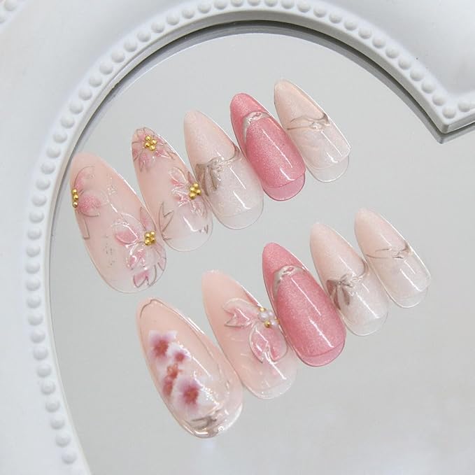 Flower Press on Nails Long Almond Fake Nails Pink Nude False Nails Peach Blossom Petals Glitter Gold Line with Rhinestone Design Pearl Glossy Glue on Nail for Women Decoration Manicure Set