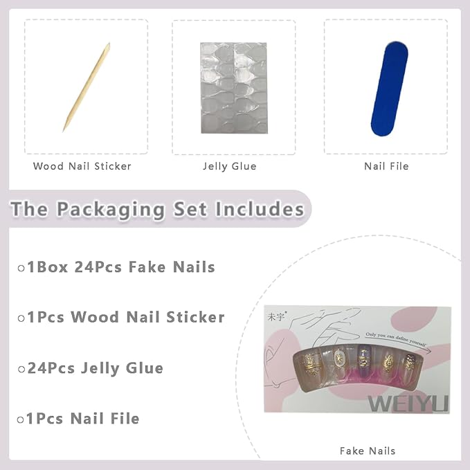 30Pcs Medium Almond Press on Nails Nude Blue Fake Nails 3D Gold Chrome Flower Star Moon False Nails Glitter Full Cover Glue on Nails Baroque Style Artificial Nails Luxury Stick on Nails for Women