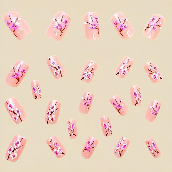 Square Press on Nails Medium Fake Nails with Flower Branches Designs Nude Nails Press ons Glossy Glue on Nails Spring Acrylic Nails Summer False Nails Artificial Stick on Nails for Women 24Pcs