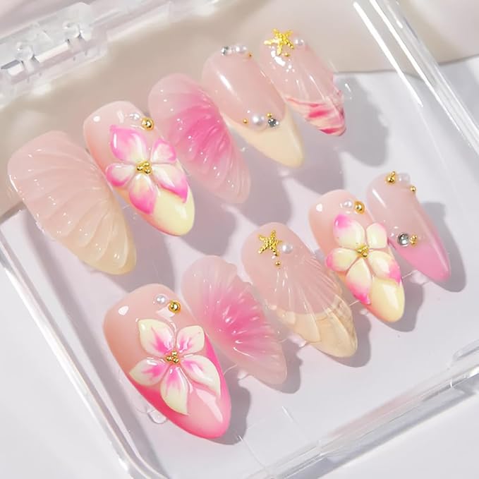 24Pcs Pink Flower Press on Nails Medium Almond French Tip Fake Nails 3D Hawaii Hibiscus Flower with Gold Shell Starfish Design Stick on Nails Summer Beach False Nails Glue on Nail for Women Acrylic