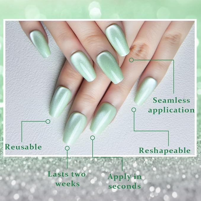 evpct Light Green Cat Eye Coffin Press on Nails Square Medium, Medium Square Glue on Nail for Women, Light Green Metallic Glitter Glossy Reusable Summer Soft Gel Press on Acrylic Fake Nail with Design