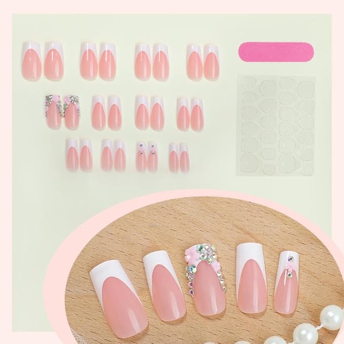 Press on Nails Pink French Fake Nails Medium Rhinestone Square Bling White Nails Glossy False Nail Tips Artificial Nails Luxury Finger Manicure for Women and Girls,24pcs (Square Nails 3)