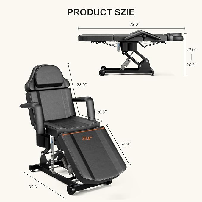 Icoget Electric Tattoo Chair Esthetician Bed and Stool, Lash Chair for Eyelash, Facial Bed Spa Massage Table for Beauty Microblading, Wax, Black