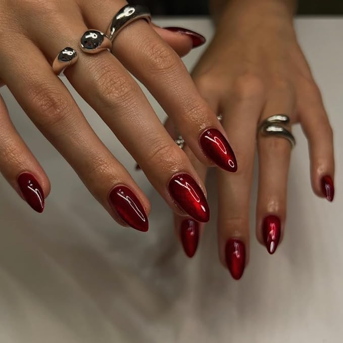 KQueenest Press On Nails Short - Wine Red to Black Press On Nails Almond Shape, Glitter Cat Eye Fake Nails with Nail Glue, Reusable Cute Dark Gel Glue On Nails with Color-Shifting Glow, 30 Pcs