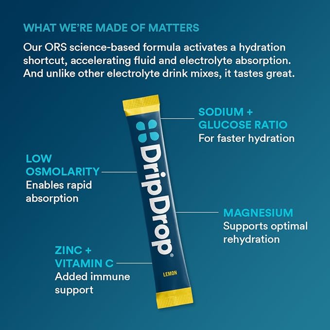 DripDrop Hydration Packets - Lemon - Single Serve Electrolytes Powder Drink Mix - Non-GMO, Gluten Free, Vegan - 32 Sticks