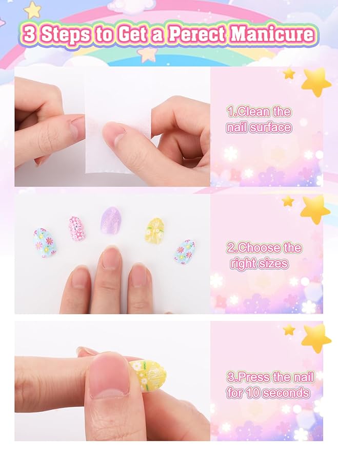 144 Pieces Press on Nails for Kids, EBANKU 6 Pack Kid Fake Nail Pink Gold Flower Star Press on Nails for Girls 5-12 Years with Jelly Nail Adhesives