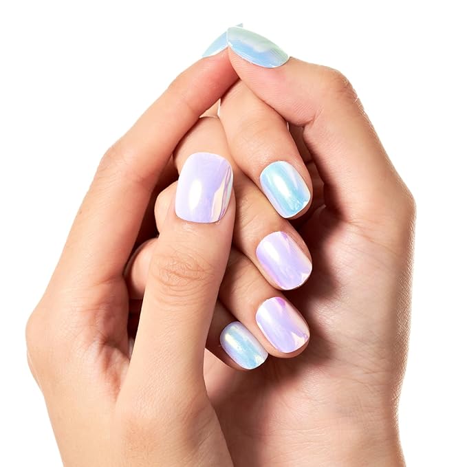 GLAMERMAID Extra Short Press on Nails 24PCS, Chrome Pink and Blue Fall Gel Glue on Nails, Glossy Round Reusable UV Finish Fake Nails Acrylic False Nails Manicure Kits for Women