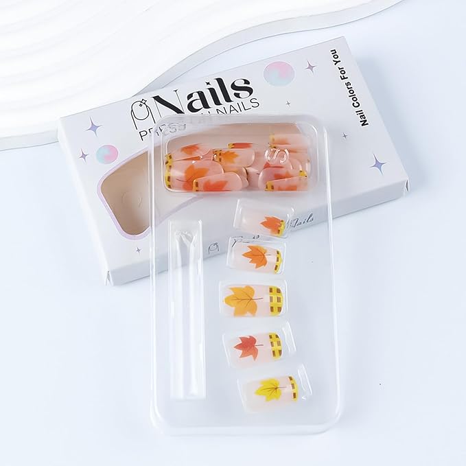 Checkered French Press on Nails 24Pcs Fall Maple Leaf Fake Nails Autumn Leaves False Nails Thanksgiving Glue on Nail Medium Square Full Cover Glossy Acrylic Stick on Nail for Women