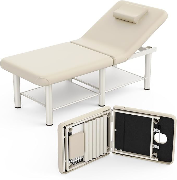 Folding Stationary Massage Table with Backrest and Storage Space, 6 Round Legs Metal Frame PU Leather, 30.5'' Wide × 75'' Long for Treatment Table Physical Therapy Table Spa Facial Bed, Beige Gray