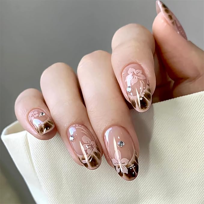 French Press On Nails Almond medium, Nude Pink Fake Nails with Floral & Brown Gradient French Tip Detail, Rhinestone Accent, Glossy Gel Finish Acrylic Nails Reusable Glue On Nails for Women